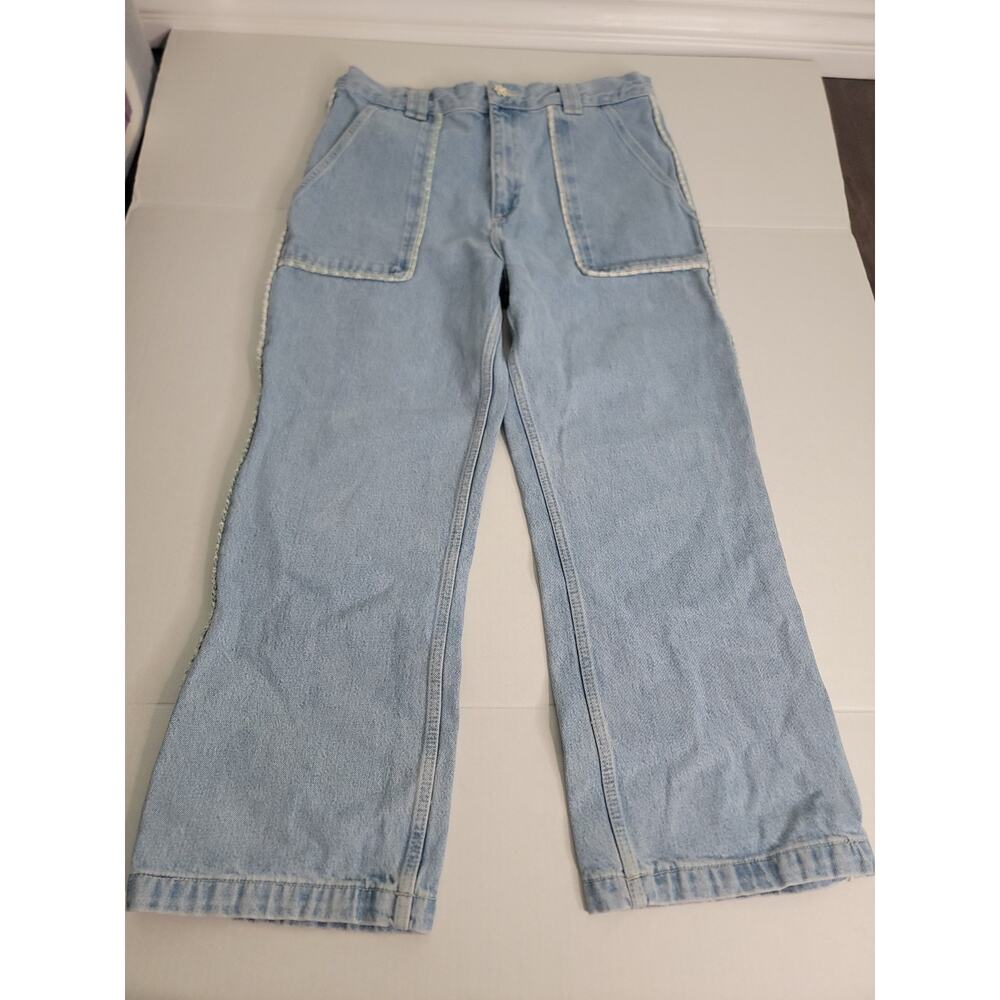 ZARA High Rise Jeans Sz 14 Tweed Trim Jewel Button Crop Wide Leg Light Wash Y2K - Picture 2 of 11